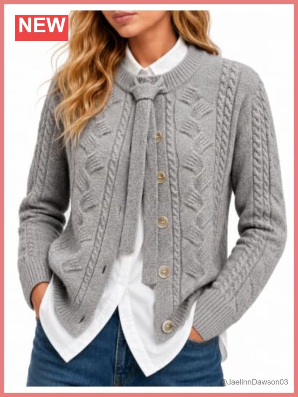 Wool Cable Knit Cardigan Sweater Button Crew Neck Bow Short